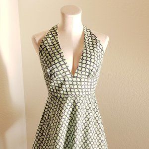 J Crew Blue & Green Summer Linen Halter Dress w/ Flare Skirt & Back Zipper